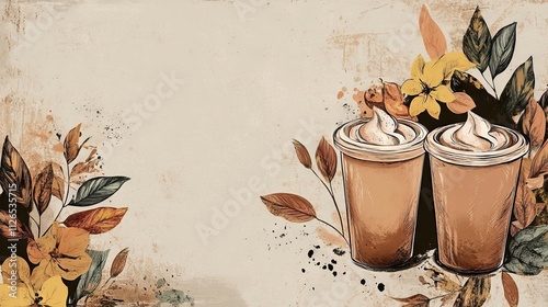 vintage beverage artwork, coffee themed illustration, organic brush textures, botanical frame elements, warm brown color scheme, hand drawn style photo