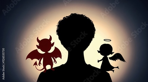 A silhouette depicting a person's head with angel and devil figures on their shoulders, symbolizing the inner conflict and moral choices individuals face.