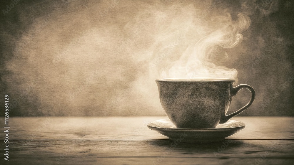 steaming coffee cup sepia photography, ethereal vapor trails, rustic wooden surface, dreamy bokeh background, vintage mood, artistic morning light