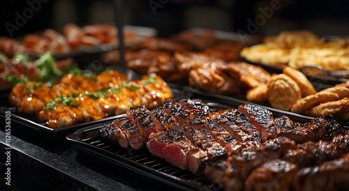 There are delicious and fresh food, fresh vegetables and grilled meat arranged on a table. Amazing elegant catering buffet ideas displaying delicious variety of food, which is very tempting to look at