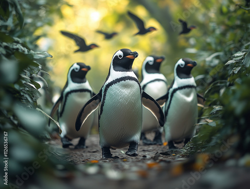 Penguins Wandering Through the Tropical Jungle