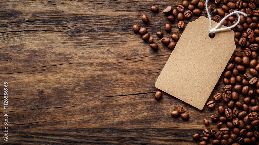 Rustic wooden texture backdrop, scattered roasted coffee beans border frame, vintage blank price tag with white string, natural earthy tones, flat lay composition, food photography, warm brown color Rustic wooden texture backdrop, scattered roasted coffee beans border frame, vintage blank price tag with white string, natural earthy tones, flat lay composition, food photography, warm brown color