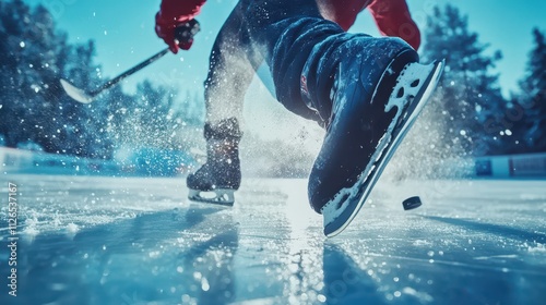 Portrait of player playing hockey on ice rink in position to hit hockey puck,One hockey player on ice in action,Professional Player Shooting the Puck,match, game, action,Concept of sport. photo