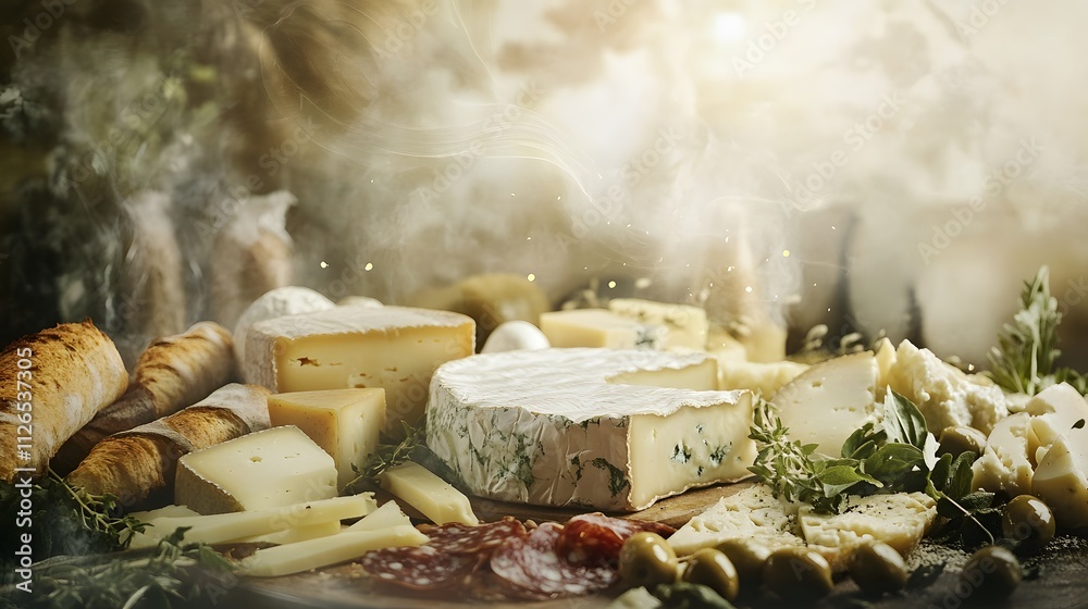 Fototapeta premium Aromatic Cheese Board with Bread and Olives