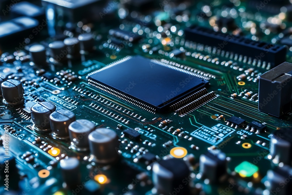 Obraz premium Close up of Circuit Board with Microchip. Concept of Technology, Electronics, and Innovation.