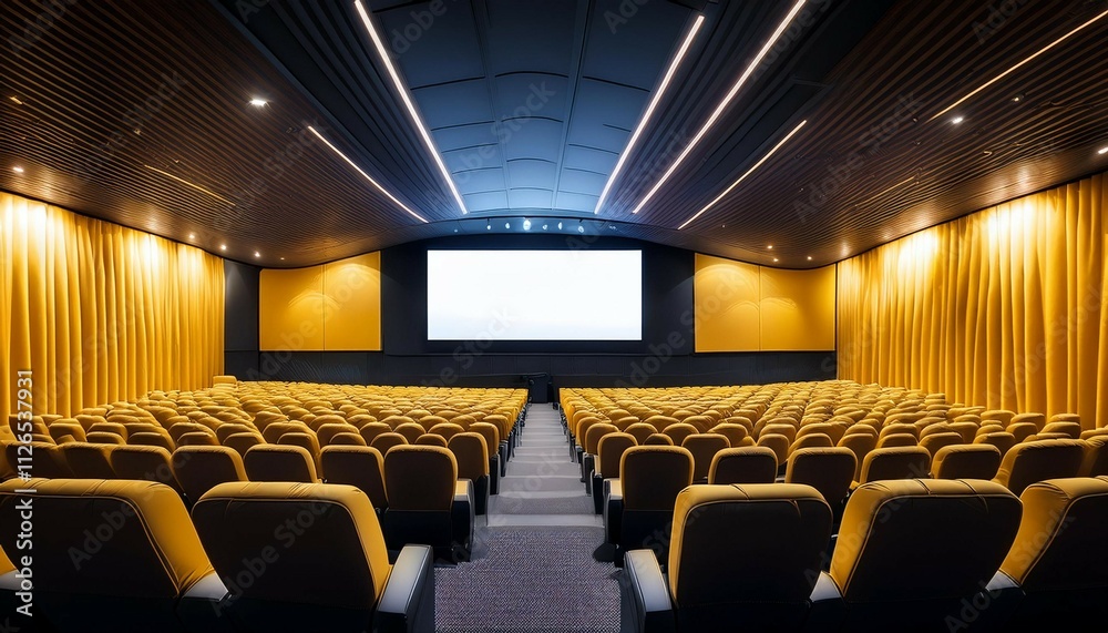 modern cinema interior featuring rows of yellow seats illuminated walls and large blank screen ambiance is inviting and perfect for movie lovers modern cinema interior featuring rows of yellow seats illuminated walls and large blank screen ambiance is inviting and perfect for movie lovers