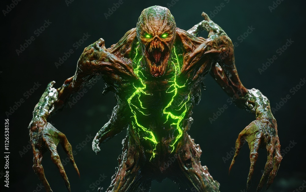 Naklejka premium A 3D model of a mutated creature with glowing green veins and sharp fangs against an abstract dark background.