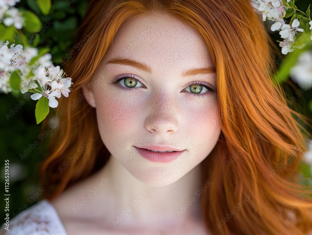 beautiful portrait of a young woman with red hair surrounded by flowers beautiful portrait of a young woman with red hair surrounded by flowers