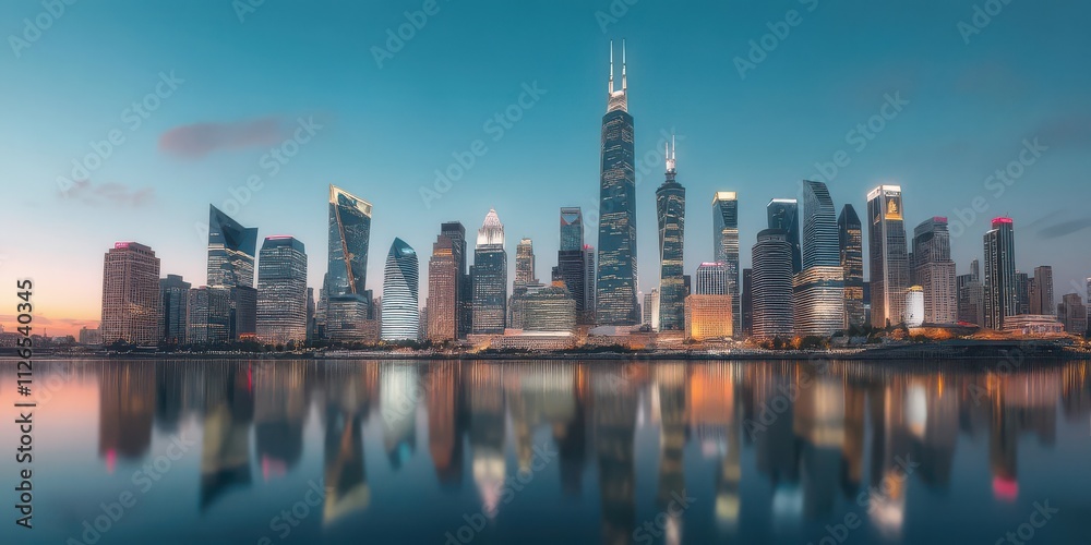 Obraz premium Futuristic city skyline with illuminated skyscrapers reflecting on calm water, design