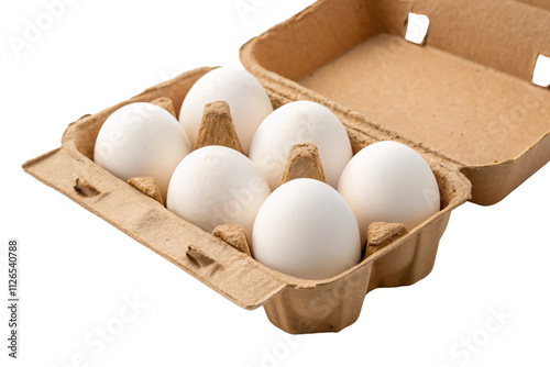 Six pristine white eggs neatly arranged in an open biodegradable cardboard carton, ready for use, symbolizing freshness and natural simplicity, set against a transparent background photo