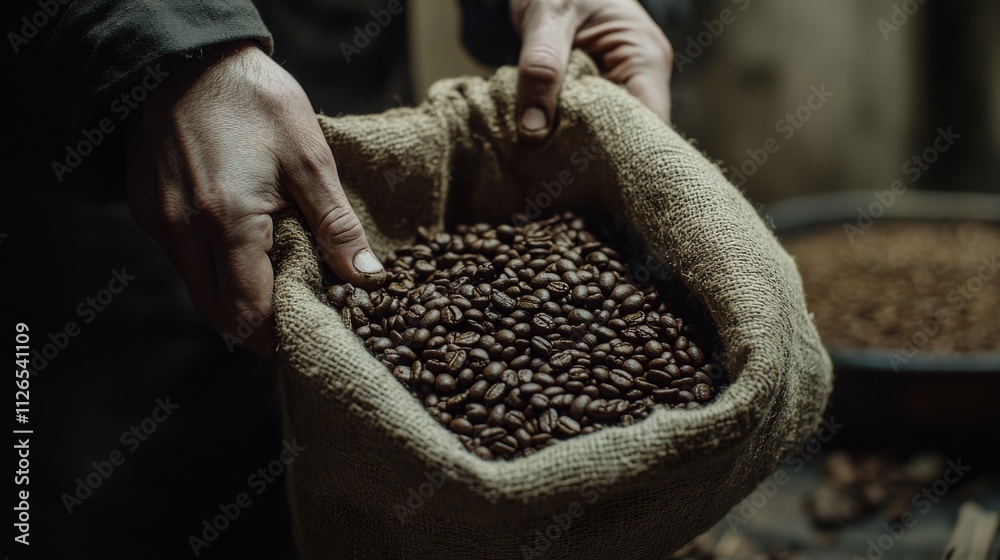 Obraz premium Artisanal coffee photography, hands scooping dark roasted beans, coarse linen bag texture, muted brown tones, rustic composition, traditional coffee processing, film grain effect