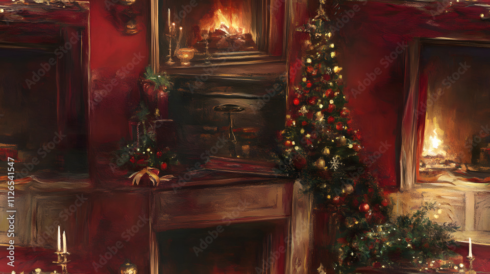 Festive Christmas Scene With Fireplaces and Decorated Tree Festive Christmas Scene With Fireplaces and Decorated Tree