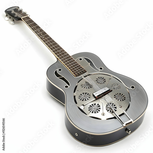 A steel-bodied resonator guitar with decorative sound holes