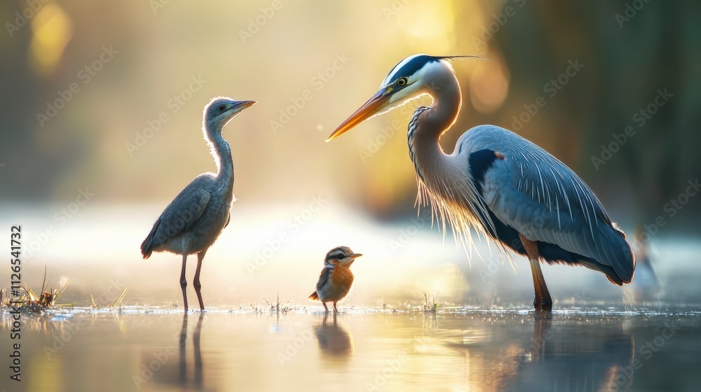 Naklejka premium birds standing in shallow water at sunrise