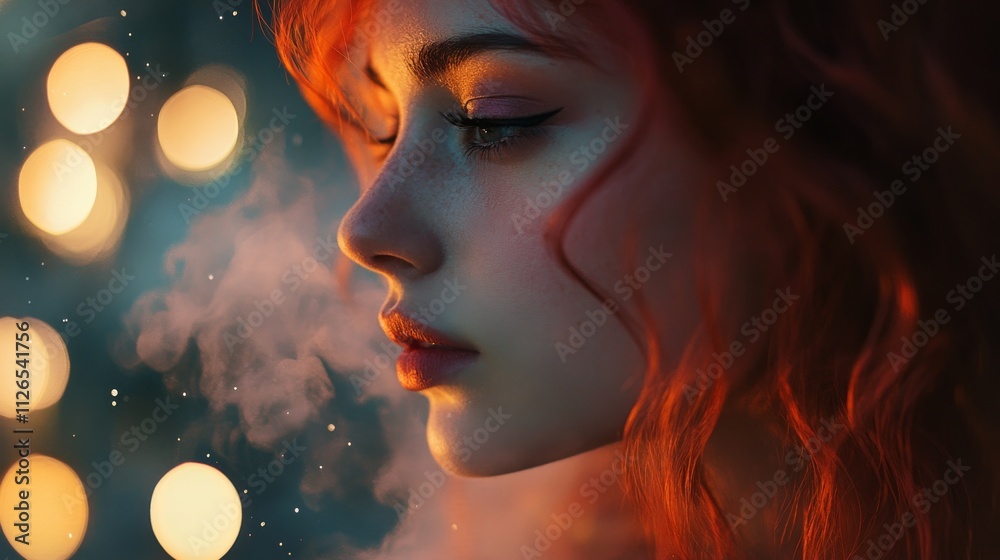 Emotional portrait composition, gentle steam wisps, bokeh fairy lights, dramatic side lighting, burgundy hair highlights, luxury beauty aesthetic, romantic evening mood, soft focus effect Emotional portrait composition, gentle steam wisps, bokeh fairy lights, dramatic side lighting, burgundy hair highlights, luxury beauty aesthetic, romantic evening mood, soft focus effect