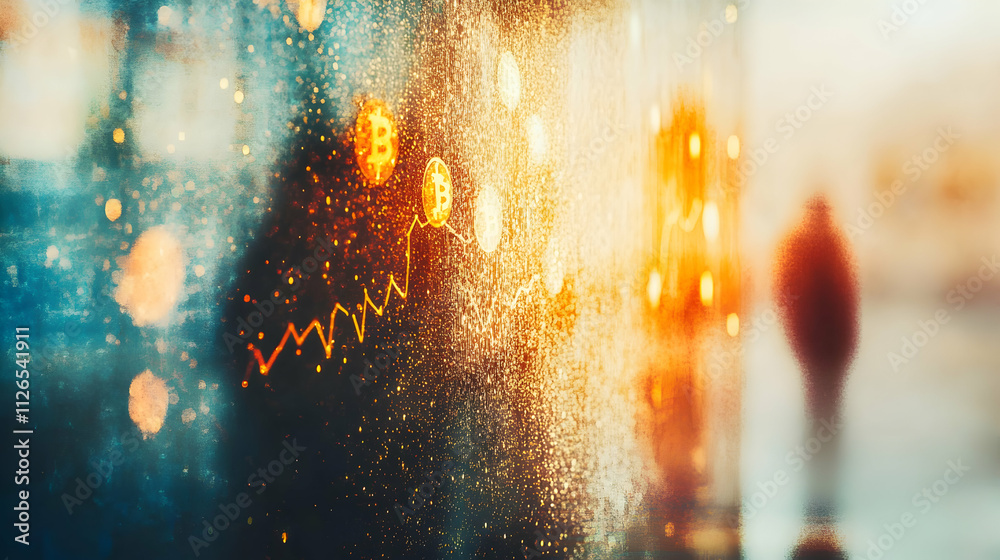 Fototapeta premium Abstract image depicting Bitcoin price fluctuations, visualized as a dynamic graph overlaid on a rain-streaked window, with blurred city lights in the background.