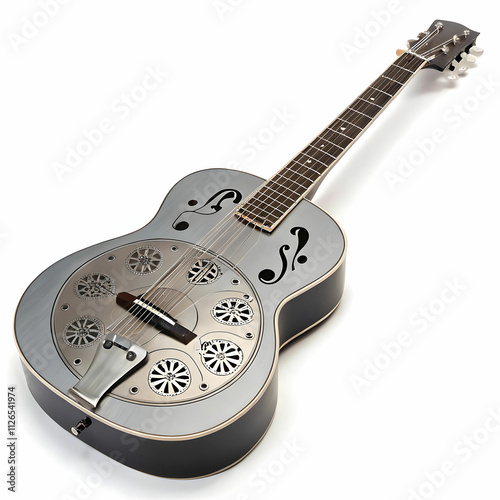 A steel-bodied resonator guitar with decorative sound holes