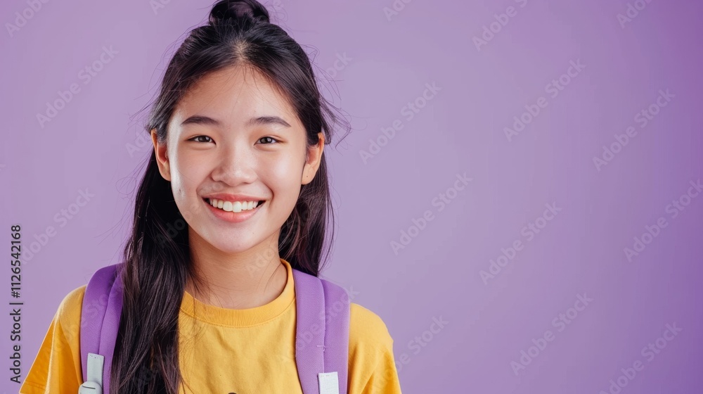 The image depicts a young girl with a bright smile wearing a yellow shirt and a purple backpack set against a solid purple background. The image depicts a young girl with a bright smile wearing a yellow shirt and a purple backpack set against a solid purple background.