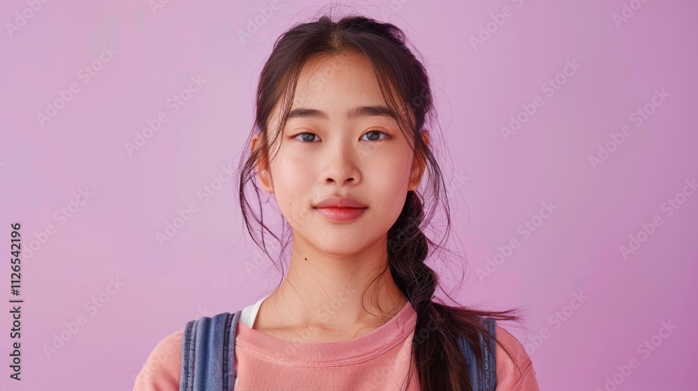 A young Asian girl with long dark hair in a ponytail wearing a pink shirt and denim overalls looking directly at the camera against a pink background. A young Asian girl with long dark hair in a ponytail wearing a pink shirt and denim overalls looking directly at the camera against a pink background.