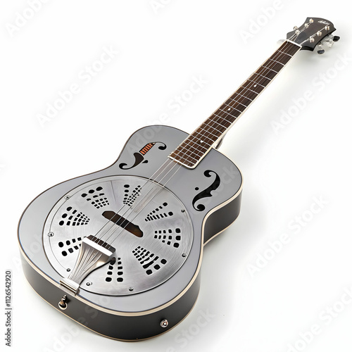 A steel-bodied resonator guitar with decorative sound holes