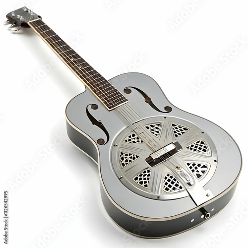 A steel-bodied resonator guitar with decorative sound holes photo