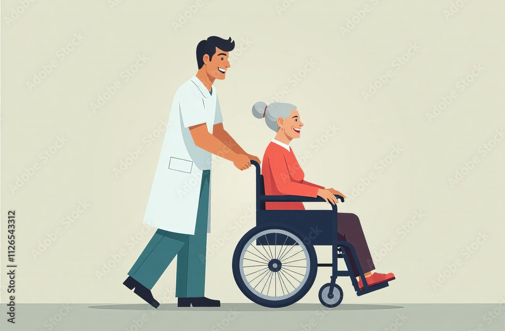 A medical worker in uniform pushes a gray-haired elderly woman in a wheelchair. A medical worker in uniform pushes a gray-haired elderly woman in a wheelchair.