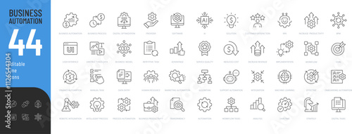 Business Automation Line Editable Icons set. Vector illustration in modern thin line style of technology related icons: optimization, robotic integration, business model, and more. Pictograms and inf