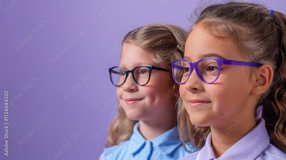 Two young girls likely sisters standing side by side both wearing glasses and dressed in school uniforms. Two young girls likely sisters standing side by side both wearing glasses and dressed in school uniforms.