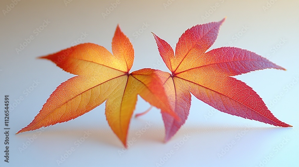 Two vibrantly colored autumn leaves with red and orange hues are arranged closely together. Two vibrantly colored autumn leaves with red and orange hues are arranged closely together.