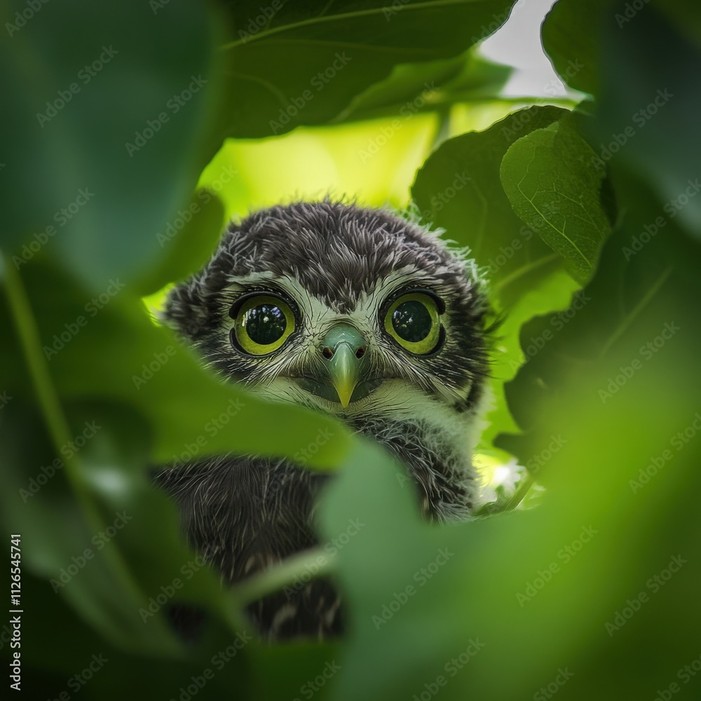 cute owl chick peeking through green leaves cute owl chick peeking through green leaves