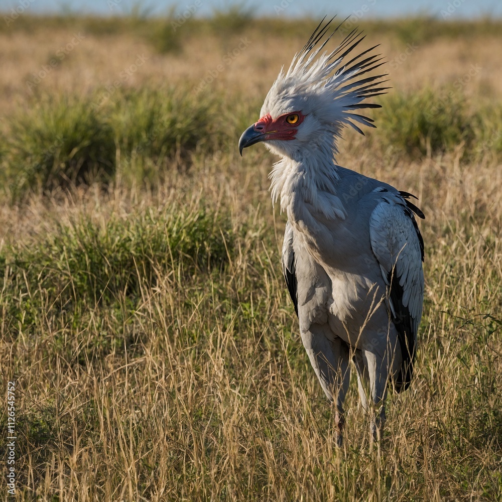 Fototapeta premium A secretary bird stalking through tall grass under a clear blue sky.