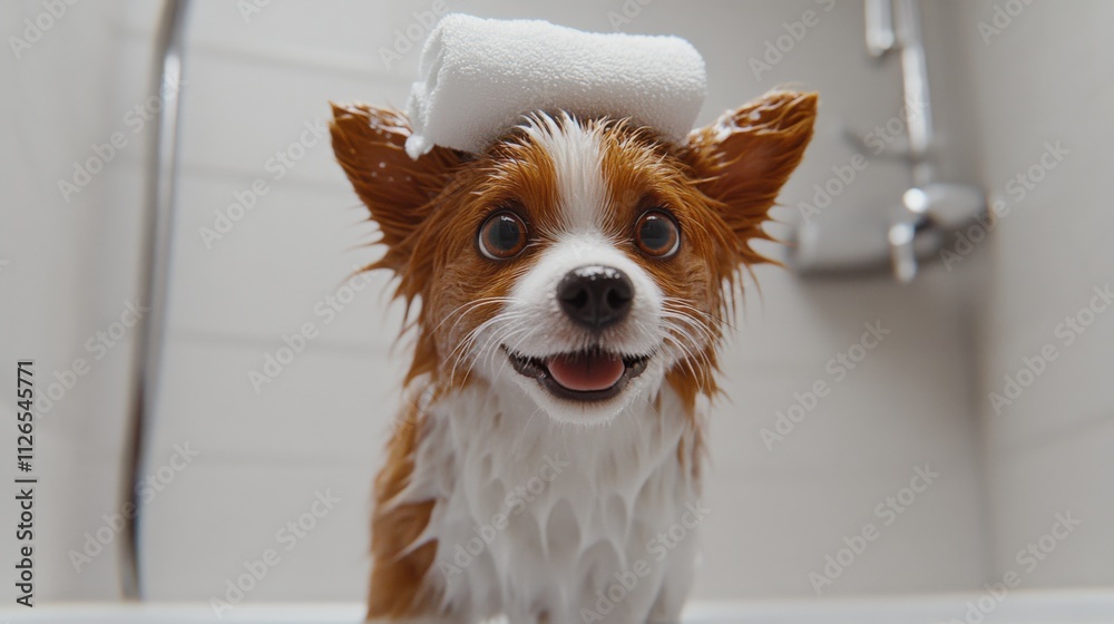 happy dog enjoying a bath with a towel on its head happy dog enjoying a bath with a towel on its head