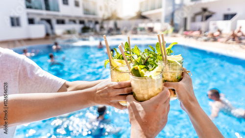 Photography Happy friends toasting and drinking mojito cocktails at summer pool party at hot