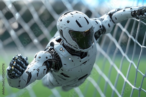 A dynamic, futuristic robot dives toward a soccer goal. Generative Ai