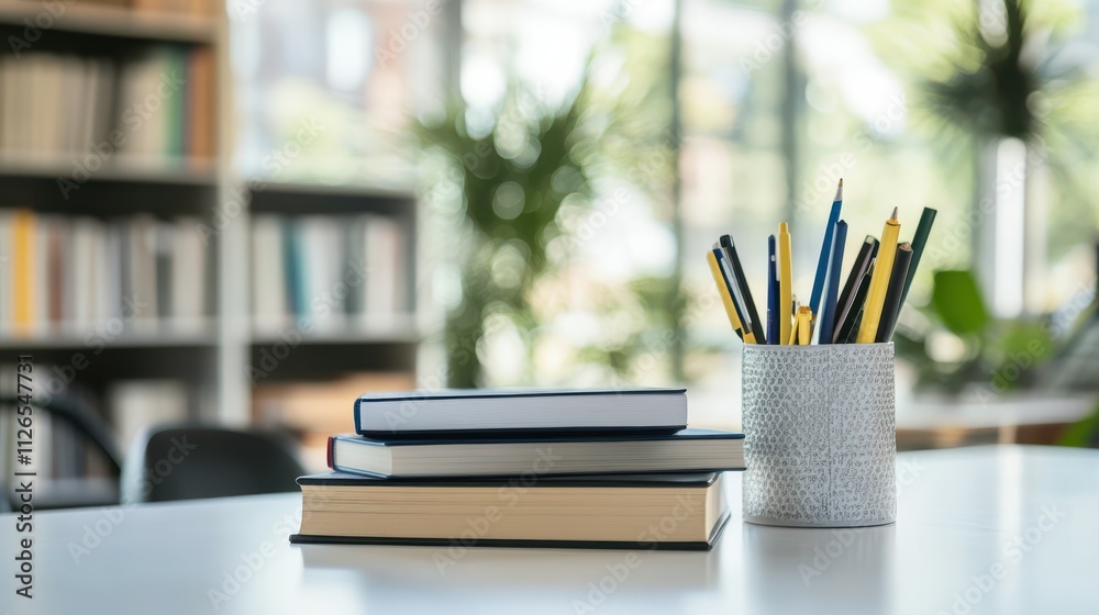 Cropped shot of a white table with books and stationery featuring copy space in a blurred study room background Cropped shot of a white table with books and stationery featuring copy space in a blurred study room background