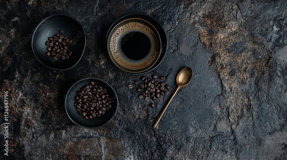 overhead coffee composition, fresh crema bubbles detail, scattered dark roasted beans, black ceramic vessels, metallic spoon accent, moody lighting, textured stone surface, dark food photography style overhead coffee composition, fresh crema bubbles detail, scattered dark roasted beans, black ceramic vessels, metallic spoon accent, moody lighting, textured stone surface, dark food photography style