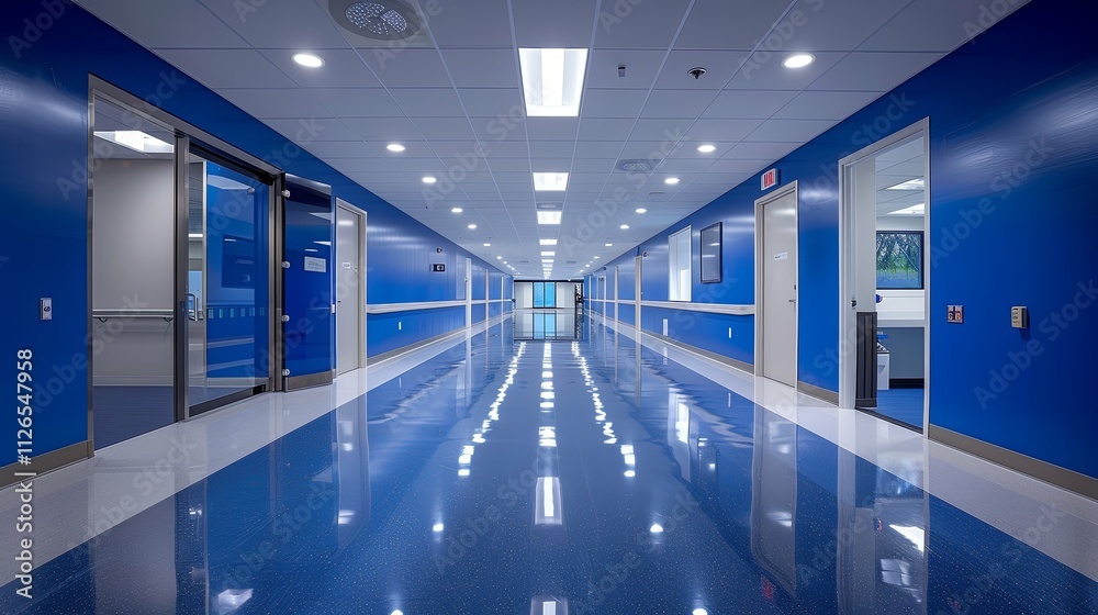 Naklejka premium Gleaming Blue Corridor: Modern Interior of a Clean, Bright Facility