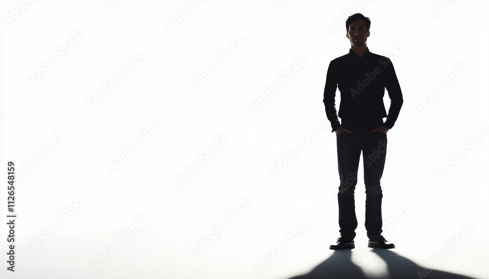 Stylish Silhouette of a Man in Contemporary Fashion. A Simple and Modern Portrait of a Man Standing in a Studio Setting. A Minimalist Fashion Image with Black Clothing and Casual Shoes. Stylish Silhouette of a Man in Contemporary Fashion. A Simple and Modern Portrait of a Man Standing in a Studio Setting. A Minimalist Fashion Image with Black Clothing and Casual Shoes.