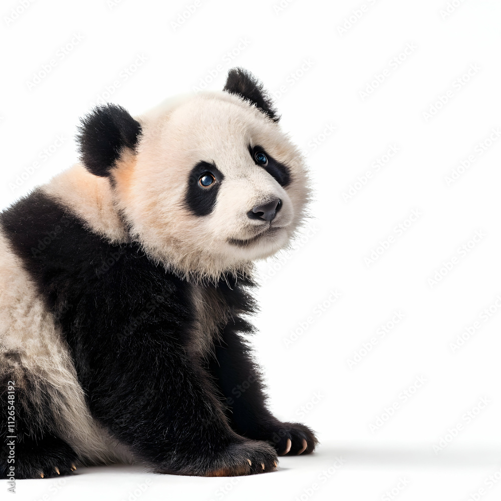 Obraz premium Charming Baby Giant Panda Facing Upward on White Background