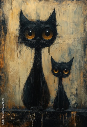 Illustration of black cats sitting on an abstract background.