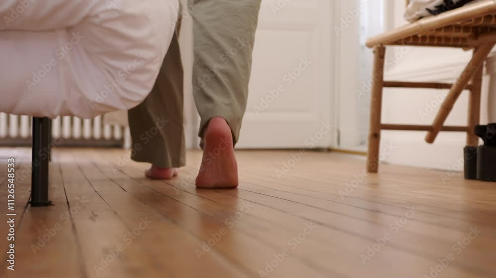 Barefoot person walking across a wooden floor in a cozy bedroom Barefoot person walking across a wooden floor in a cozy bedroom