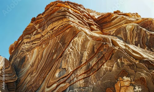 Layers of sedimentary rock eroded over time under blue sky