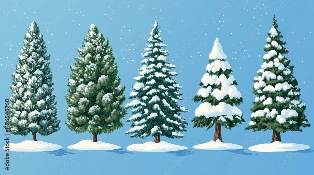 Obraz premium Christmas trees set,pines for greeting card,Collection of Christmas trees in flat design for greeting cards,invitations, banner,New Year and xmas traditional,Winter holiday.
