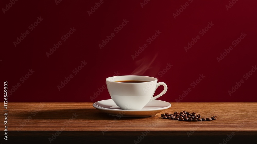 Obraz premium professional coffee photography, elegant white cup and saucer, artistically placed beans, textured wooden tabletop, rich burgundy background fade, dramatic rim lighting, ethereal steam wisps