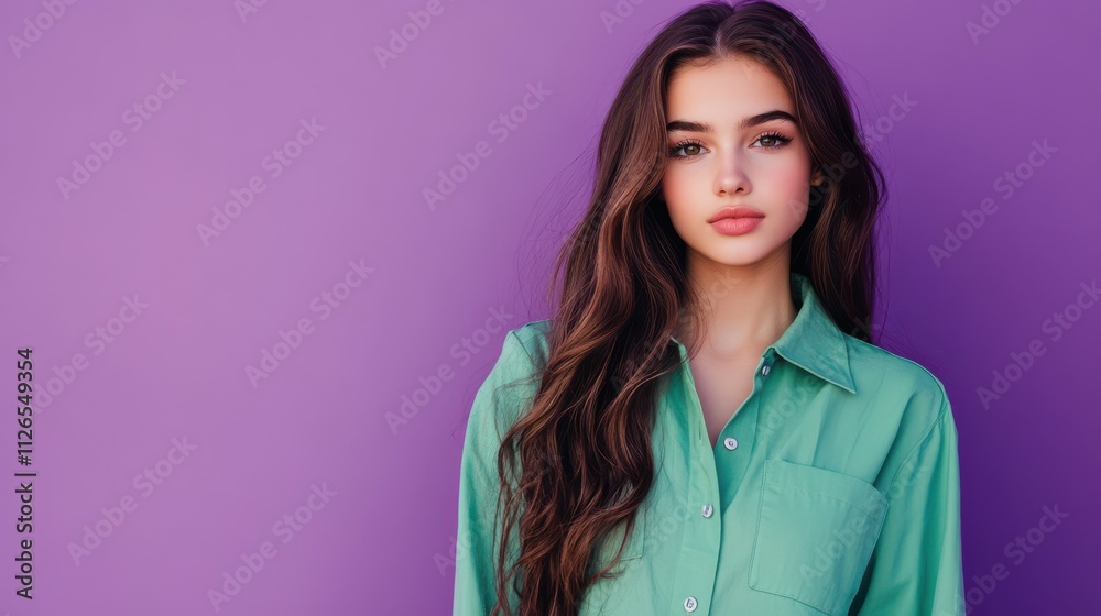 Photo portrait of lovely teen lady compare hold empty space dressed stylish green garment isolated on purple color background Photo portrait of lovely teen lady compare hold empty space dressed stylish green garment isolated on purple color background