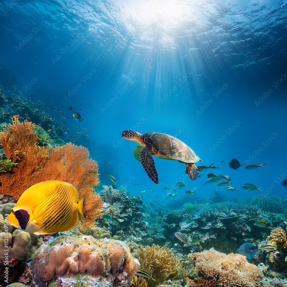 Fototapeta premium A vibrant tropical underwater scene with colorful coral, exotic fish, and sea turtles, illuminated by sunlight, perfect for marine and travel designs
