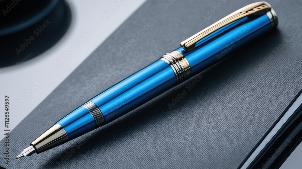 A close-up of a sleek blue pen resting neatly on a charcoal notepad, emphasizing modern design. A close-up of a sleek blue pen resting neatly on a charcoal notepad, emphasizing modern design.