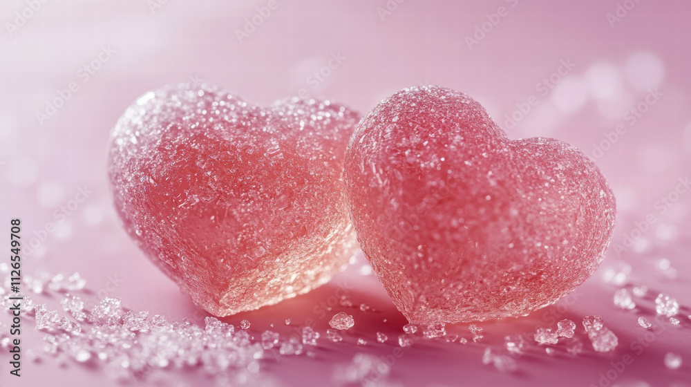 Two pink heart-shaped candies on the pink backdrop, St.Valentine's Day concept