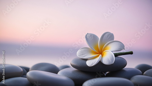 A single white flower on spa stone, spa rocks, zen stones and flowers , Spa massage, aroma beauty therapy, natural alternative, Ayurvedic, relaxation concept abstract copy space background image