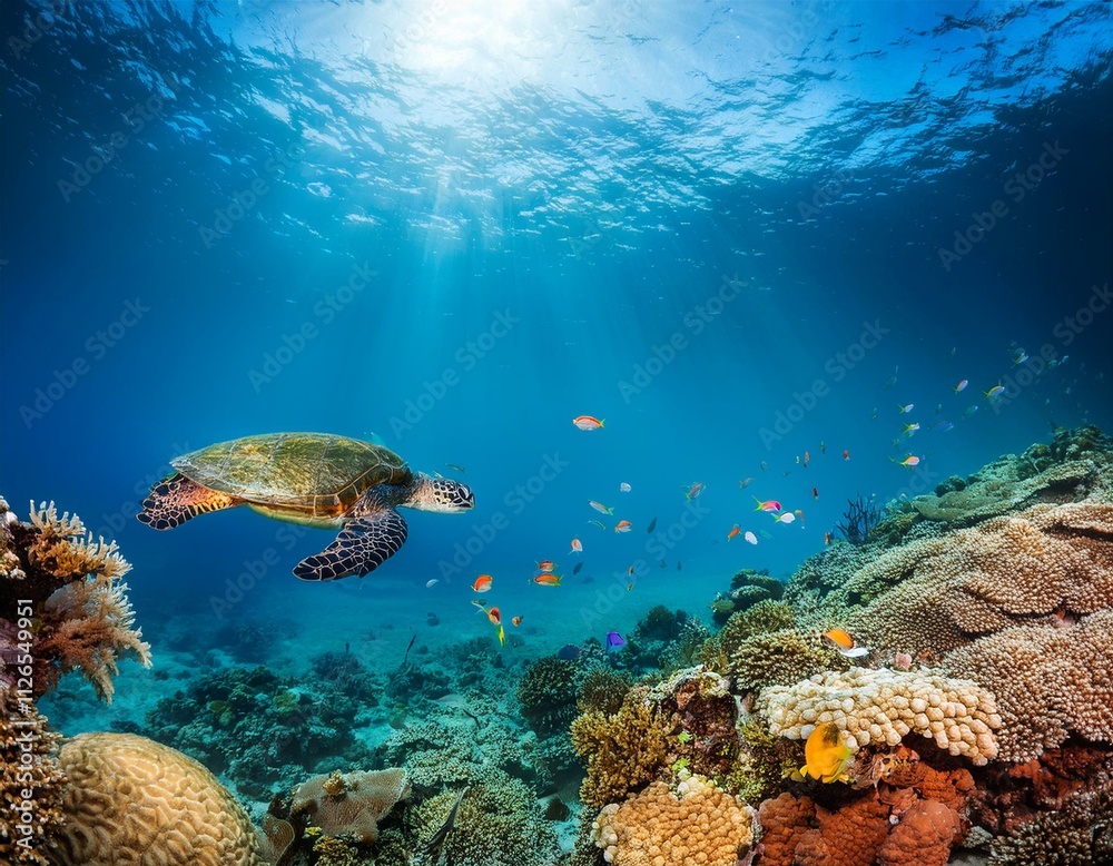 Fototapeta premium A vibrant tropical underwater scene with colorful coral, exotic fish, and sea turtles, illuminated by sunlight, perfect for marine and travel designs
